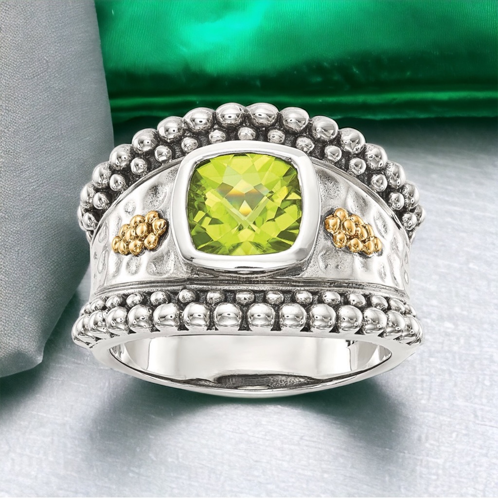 925 Ss W 14k Antiqued Cushion Bezel Peridot August Birthstone Ring Size 8 341$